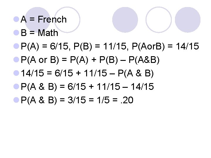 l A = French l B = Math l P(A) = 6/15, P(B) =