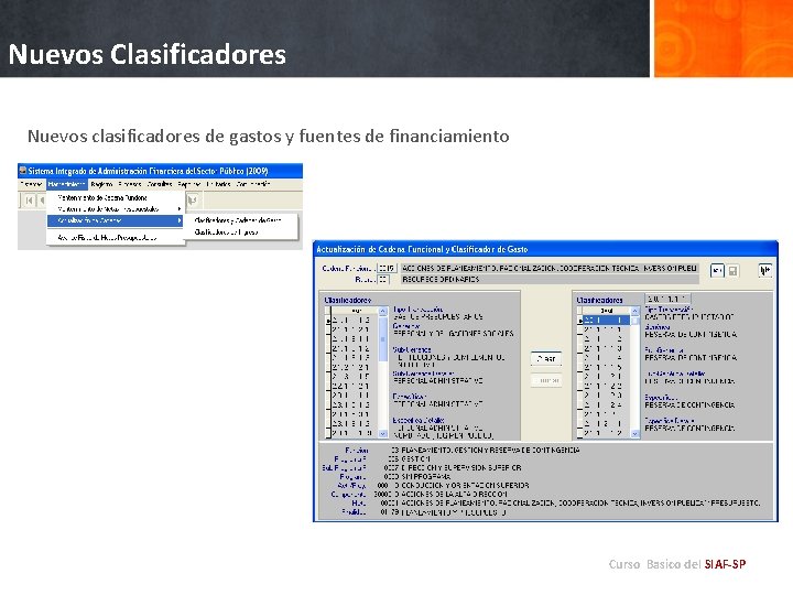 Nuevos Clasificadores Nuevos clasificadores de gastos y fuentes de financiamiento Curso Basico del SIAF-SP