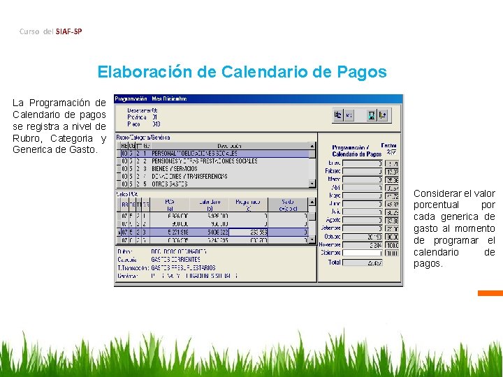 Curso del SIAF-SP Elaboración de Calendario de Pagos La Programación de Calendario de pagos
