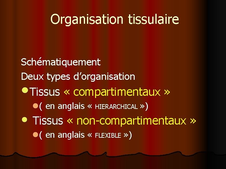 Organisation tissulaire Schématiquement Deux types d’organisation • Tissus « compartimentaux » l ( en