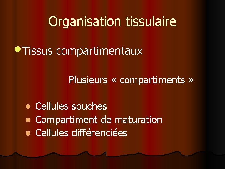 Organisation tissulaire • Tissus compartimentaux Plusieurs « compartiments » l Cellules souches l Compartiment