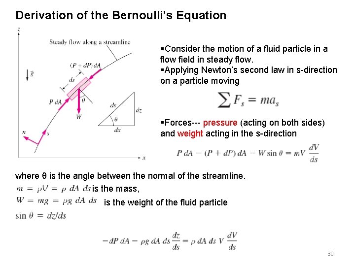 Derivation of the Bernoulli’s Equation §Consider the motion of a fluid particle in a