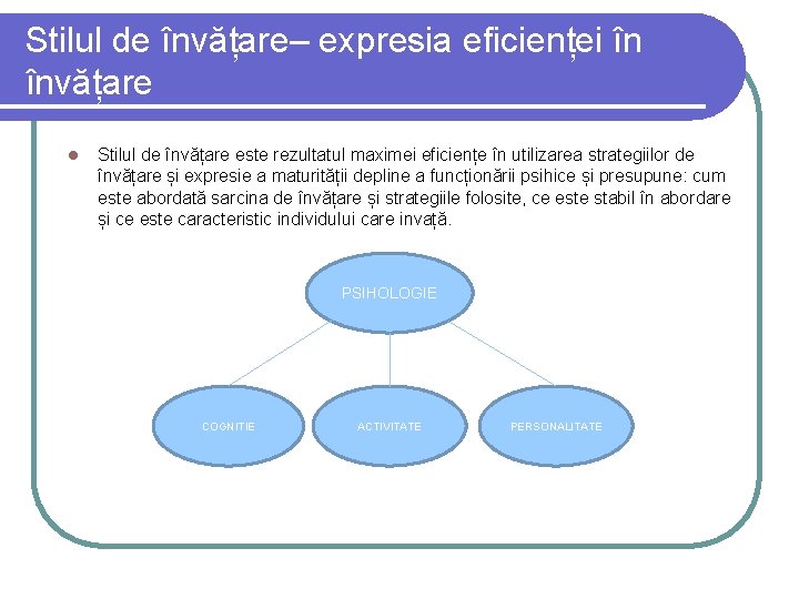 Stilul de învățare– expresia eficienței în învățare l Stilul de învățare este rezultatul maximei