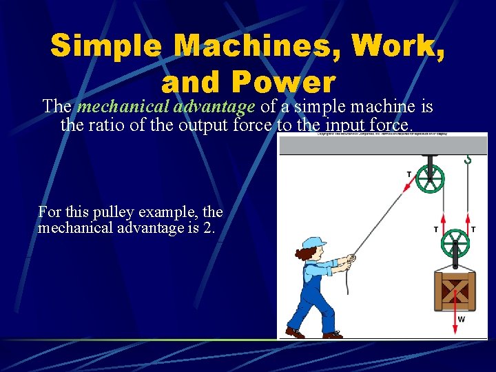 Simple Machines, Work, and Power The mechanical advantage of a simple machine is the