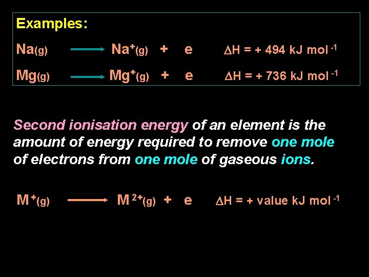 Examples: Na(g) Na+(g) + e H = + 494 k. J mol -1 Mg(g)