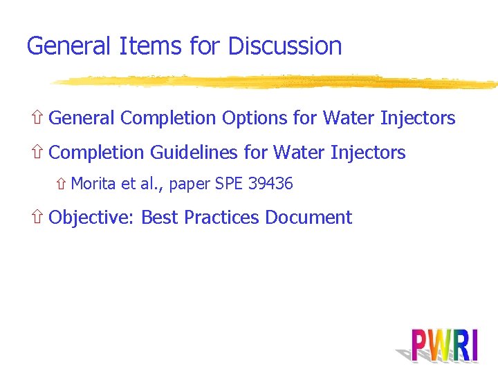 General Items for Discussion ñ General Completion Options for Water Injectors ñ Completion Guidelines