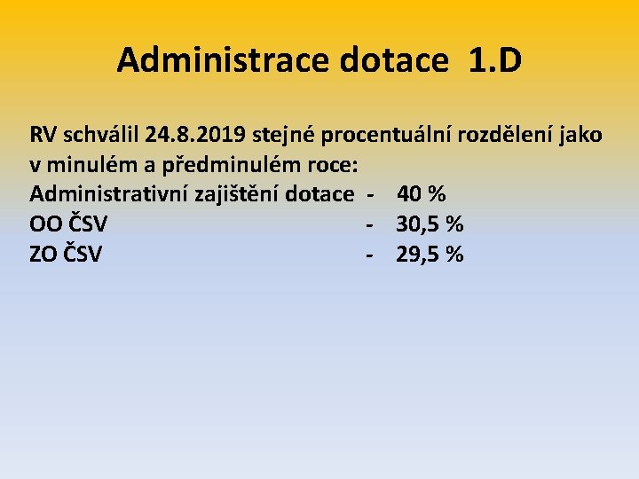 Administrace dotace 1. D RV schválil 24. 8. 2019 stejné procentuální rozdělení jako v