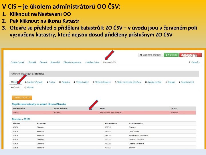 V CIS – je úkolem administrátorů OO ČSV: 1. Kliknout na Nastavení OO 2.