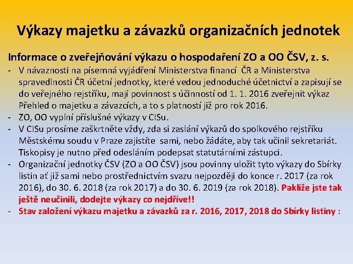  Výkazy majetku a závazků organizačních jednotek Informace o zveřejňování výkazu o hospodaření ZO