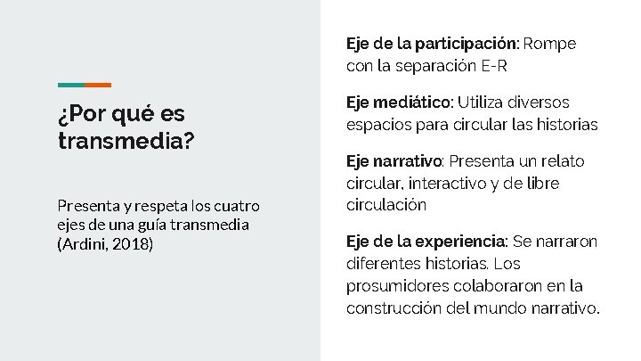 Eje de la participación: Rompe con la separación E-R ¿Por qué es transmedia? Presenta