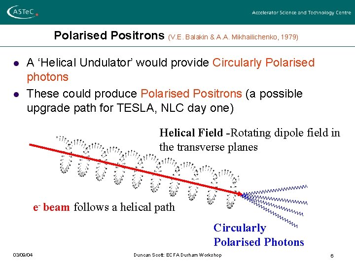 Polarised Positrons (V. E. Balakin & A. A. Mikhailichenko, 1979) l l A ‘Helical