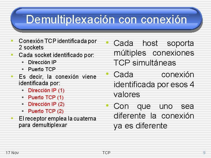 Demultiplexación conexión • Conexión TCP identificada por • 2 sockets Cada socket identificado por: