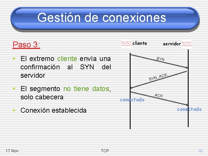 Gestión de conexiones cliente Paso 3: • El extremo cliente envía una confirmación servidor