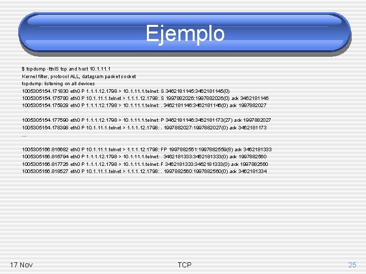 Ejemplo $ tcpdump -ttnl. S tcp and host 10. 1. 1 Kernel filter, protocol