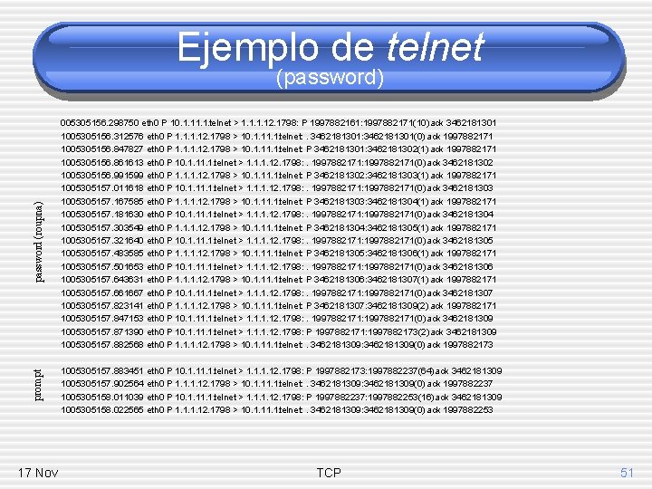 Ejemplo de telnet prompt password (roupna) (password) 17 Nov 005305156. 298750 eth 0 P