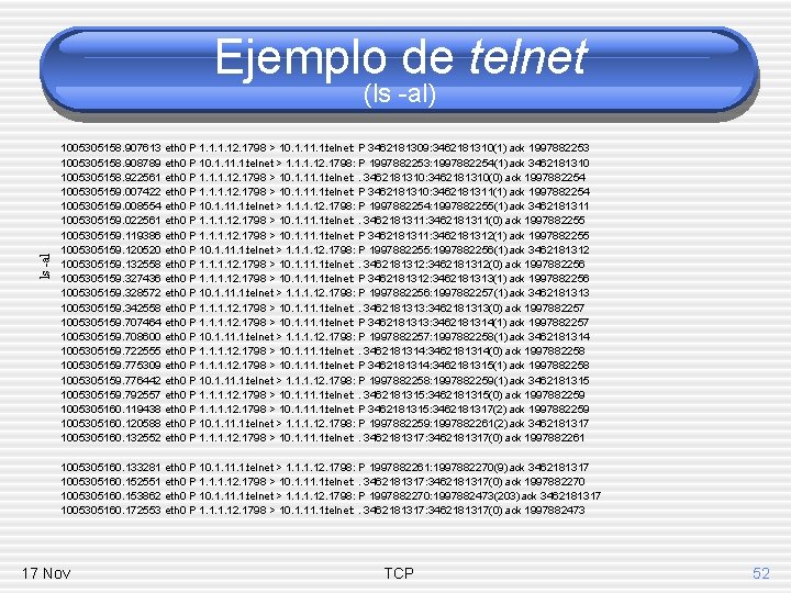 Ejemplo de telnet ls -al (ls -al) 1005305158. 907613 eth 0 P 1. 12.