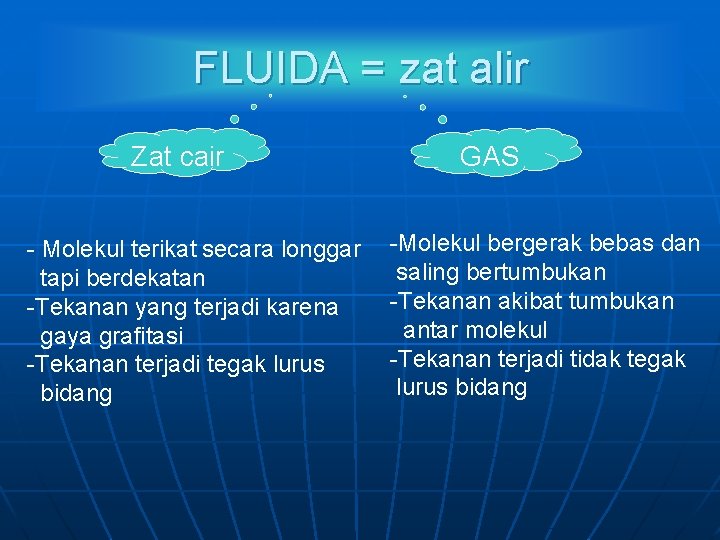 FLUIDA = zat alir Zat cair - Molekul terikat secara longgar tapi berdekatan -Tekanan