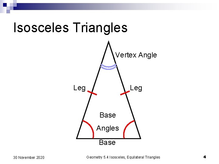 Isosceles Triangles Vertex Angle Leg Base Angles Base 30 November 2020 Geometry 5. 4