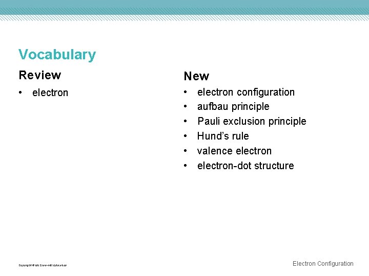 Vocabulary Review New • electron • • • Copyright © Mc. Graw-Hill Education electron