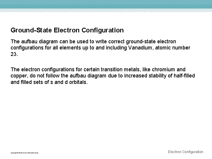 Ground-State Electron Configuration The aufbau diagram can be used to write correct ground-state electron