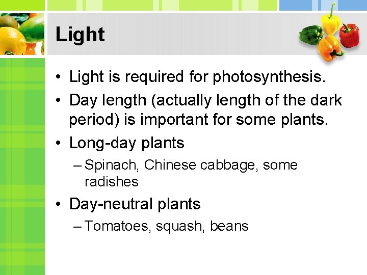 Light • Light is required for photosynthesis. • Day length (actually length of the Light • Light is required for photosynthesis. • Day length (actually length of the