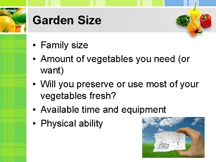 Garden Size • Family size • Amount of vegetables you need (or want) •