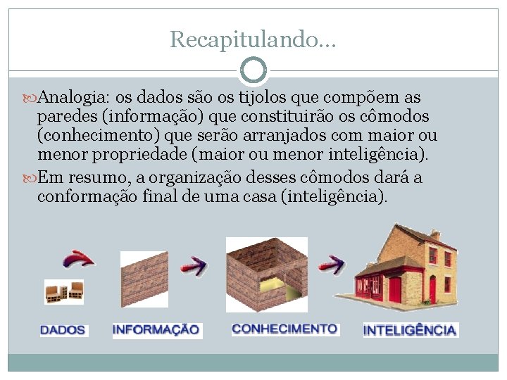 Recapitulando. . . Analogia: os dados são os tijolos que compõem as paredes (informação)