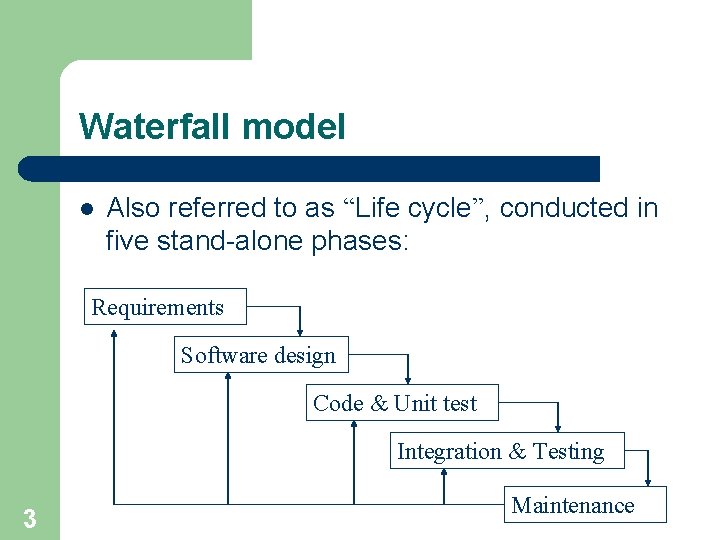 Waterfall model l Also referred to as “Life cycle”, conducted in five stand-alone phases: