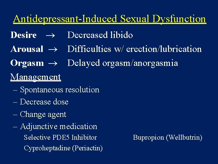 Antidepressant-Induced Sexual Dysfunction Desire Decreased libido Arousal Difficulties w/ erection/lubrication Orgasm Delayed orgasm/anorgasmia Management
