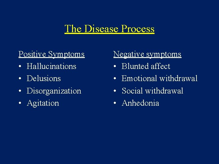 The Disease Process Positive Symptoms • Hallucinations • Delusions • Disorganization • Agitation Negative