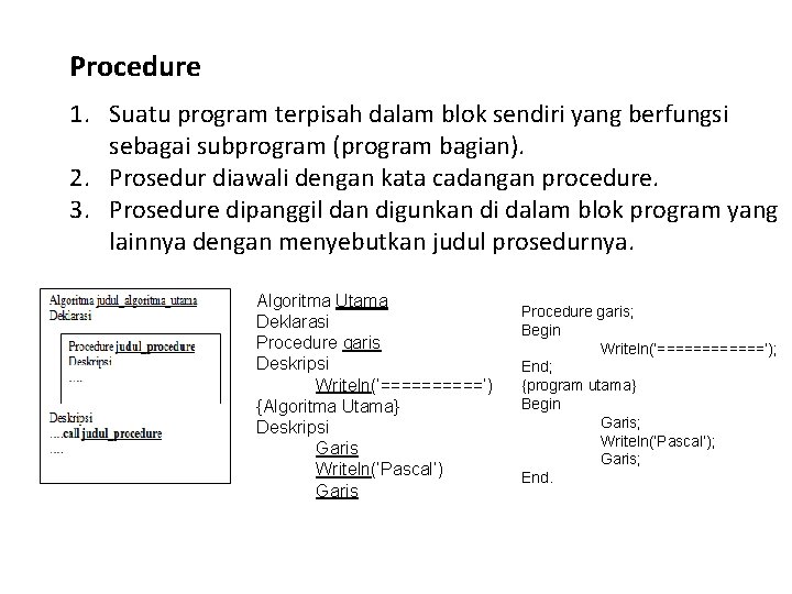 Procedure 1. Suatu program terpisah dalam blok sendiri yang berfungsi sebagai subprogram (program bagian).