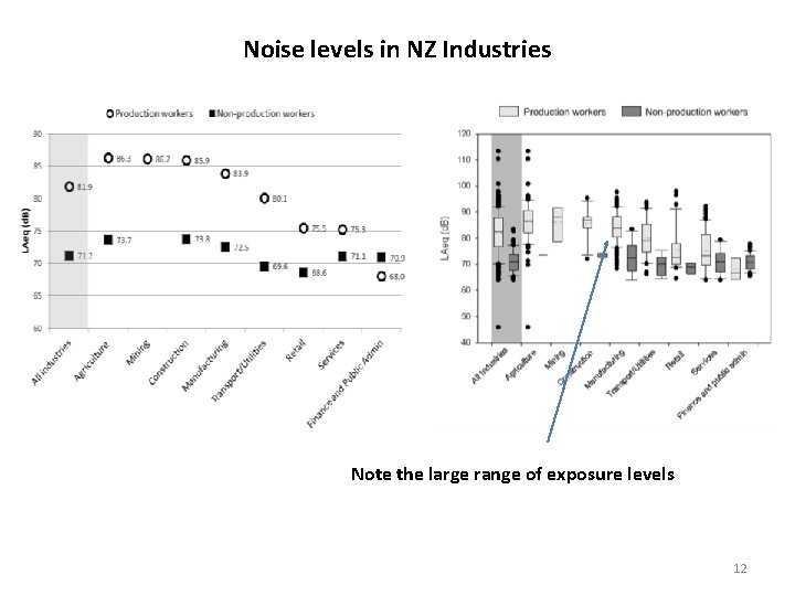 Noise levels in NZ Industries Note the large range of exposure levels 12 