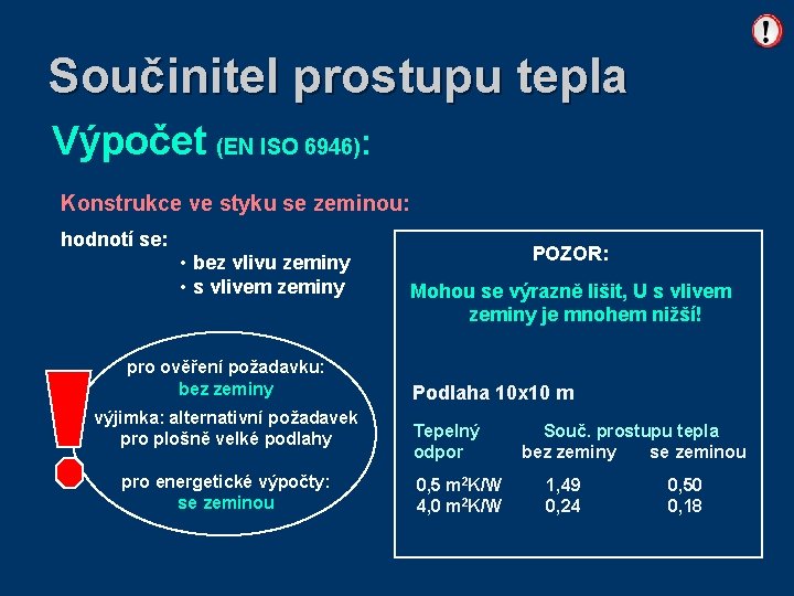 Součinitel prostupu tepla Výpočet (EN ISO 6946): Konstrukce ve styku se zeminou: hodnotí se:
