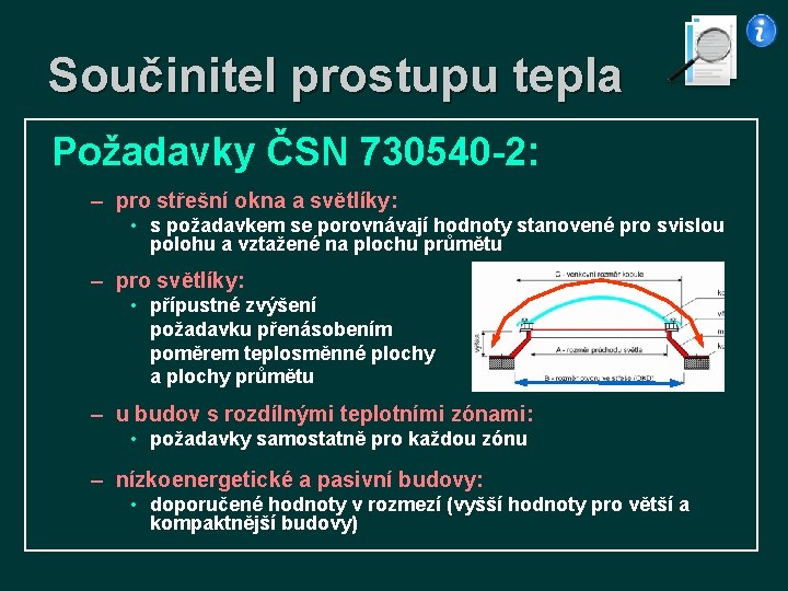 Součinitel prostupu tepla Požadavky ČSN 730540 -2: – pro střešní okna a světlíky: •