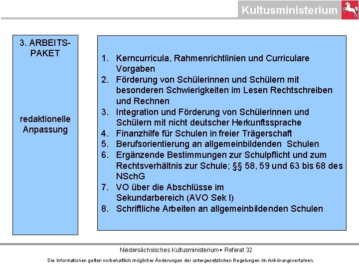 3. ARBEITSPAKET redaktionelle Anpassung 1. Kerncurricula, Rahmenrichtlinien und Curriculare Vorgaben 2. Förderung von Schülerinnen