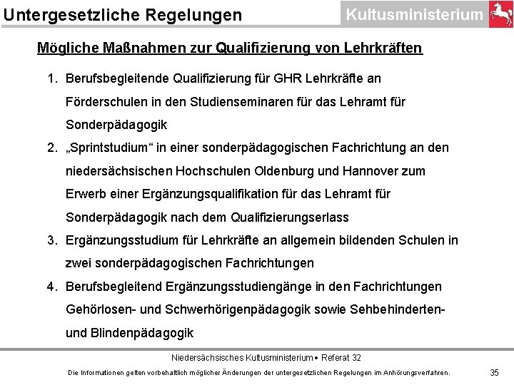 Untergesetzliche Regelungen Mögliche Maßnahmen zur Qualifizierung von Lehrkräften 1. Berufsbegleitende Qualifizierung für GHR Lehrkräfte