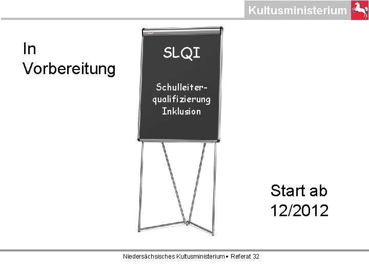 In Vorbereitung SLQI Schulleiterqualifizierung Inklusion Start ab 12/2012 Niedersächsisches Kultusministerium Referat 32 