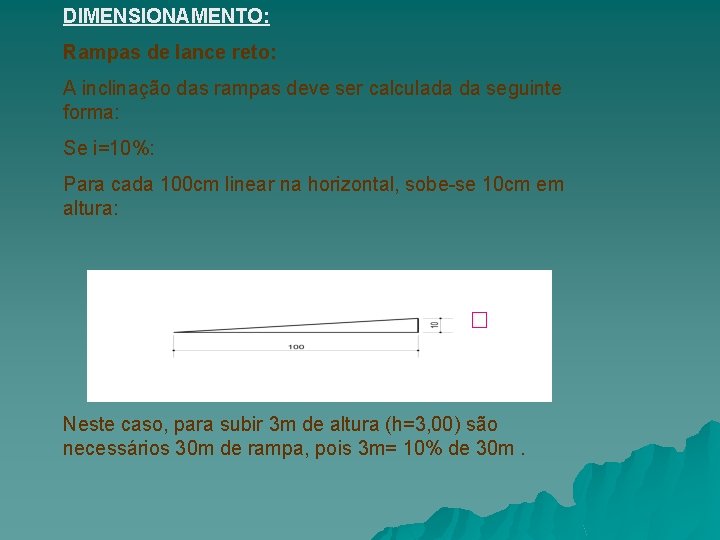 DIMENSIONAMENTO: Rampas de lance reto: A inclinação das rampas deve ser calculada da seguinte