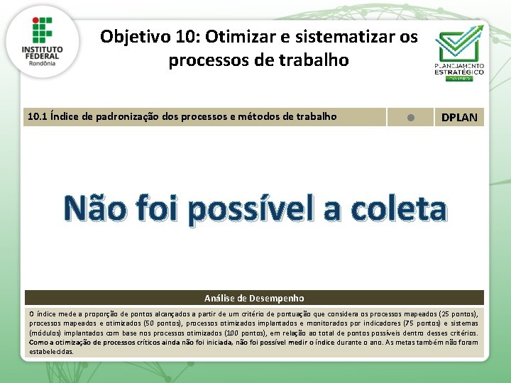 Objetivo 10: Otimizar e sistematizar os processos de trabalho 10. 1 Índice de padronização