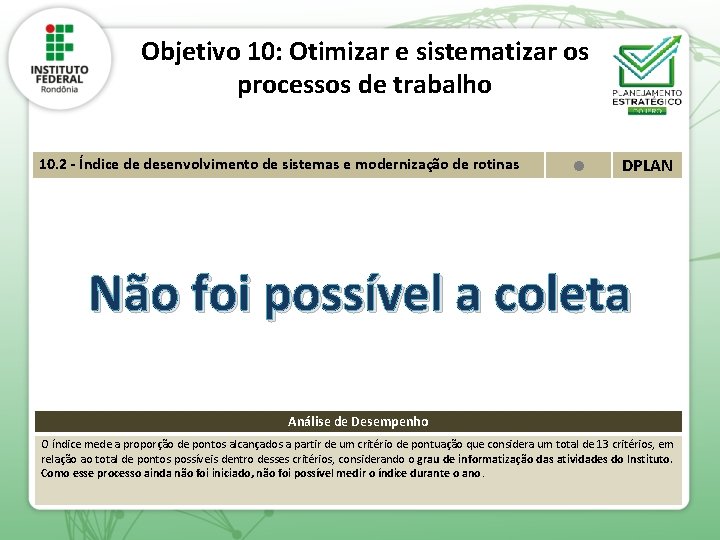 Objetivo 10: Otimizar e sistematizar os processos de trabalho 10. 2 - Índice de