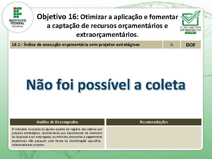 Objetivo 16: Otimizar a aplicação e fomentar a captação de recursos orçamentários e extraorçamentários.