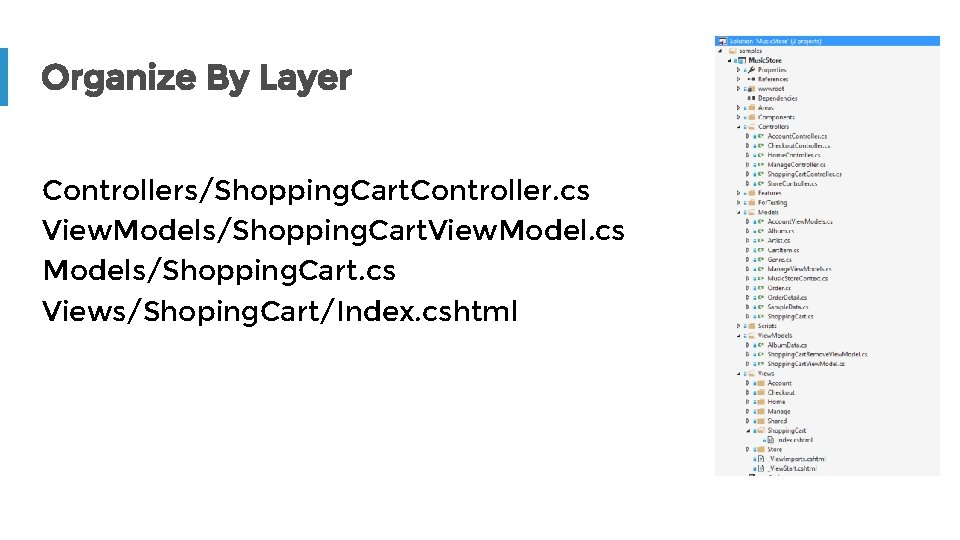 Organize By Layer Controllers/Shopping. Cart. Controller. cs View. Models/Shopping. Cart. View. Model. cs Models/Shopping.