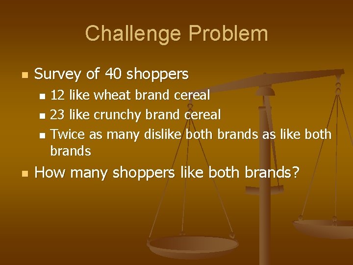 Challenge Problem n Survey of 40 shoppers 12 like wheat brand cereal n 23