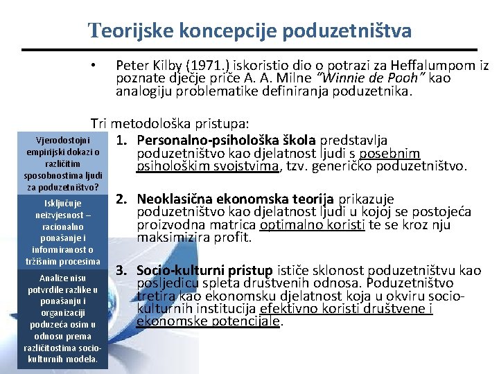 Teorijske koncepcije poduzetništva • Peter Kilby (1971. ) iskoristio dio o potrazi za Heffalumpom