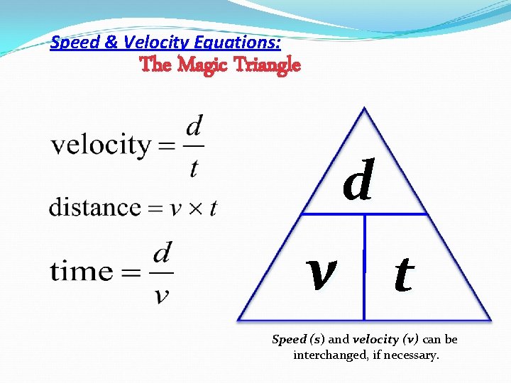 Speed & Velocity Equations: The Magic Triangle d v t Speed (s) and velocity