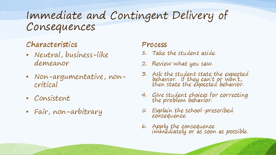 Immediate and Contingent Delivery of Consequences Characteristics • Neutral, business-like demeanor • Non-argumentative, noncritical