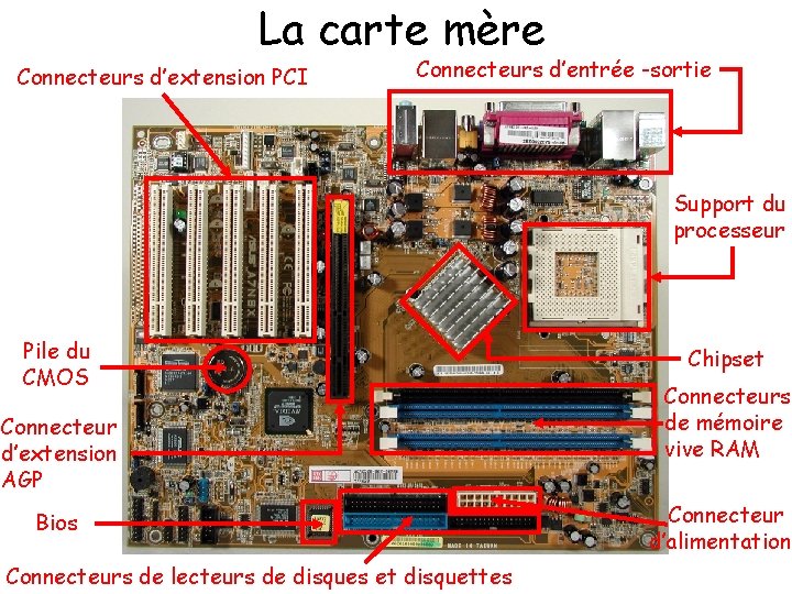 La carte mère Connecteurs d’extension PCI Connecteurs d’entrée -sortie Support du processeur Pile du