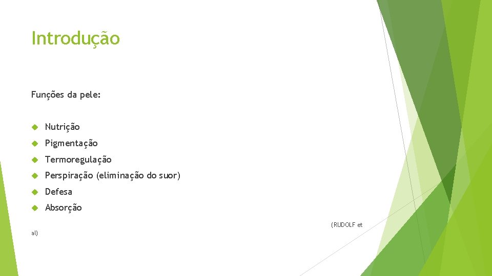 Introdução Funções da pele: Nutrição Pigmentação Termoregulação Perspiração (eliminação do suor) Defesa Absorção (RUDOLF