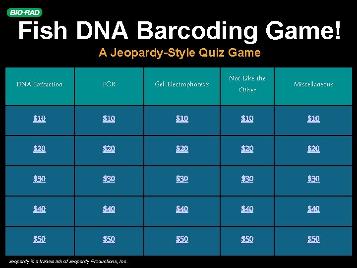 Fish DNA Barcoding Game! A Jeopardy-Style Quiz Game DNA Extraction PCR Gel Electrophoresis Not