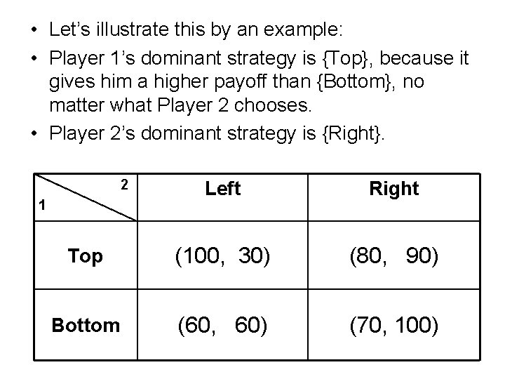  • Let’s illustrate this by an example: • Player 1’s dominant strategy is